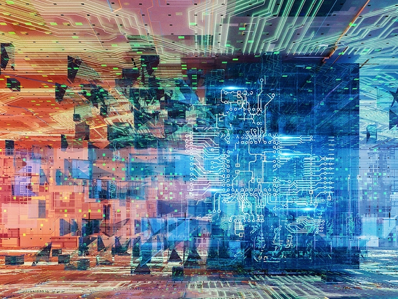 Abstract image of red and blue circut boards