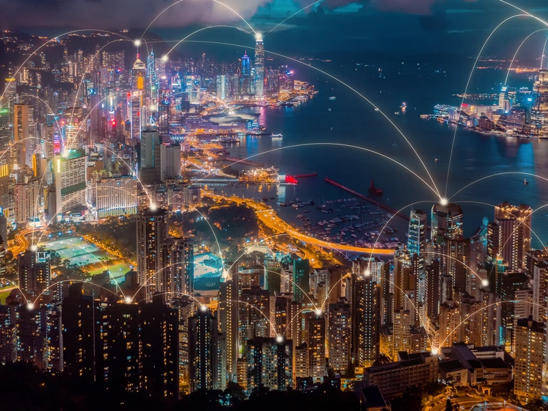 Aerial view of Hong Kong city with connection network technology. Wireless network global communication internet of thing smart city concept big data